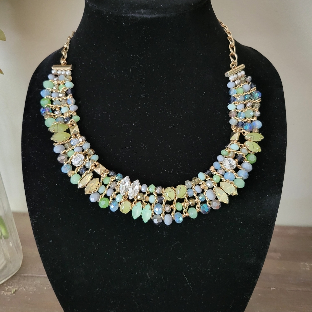 Blue and Green AB Crystal & Prong Set Beaded Bibb Necklace - Picture 4 of 5